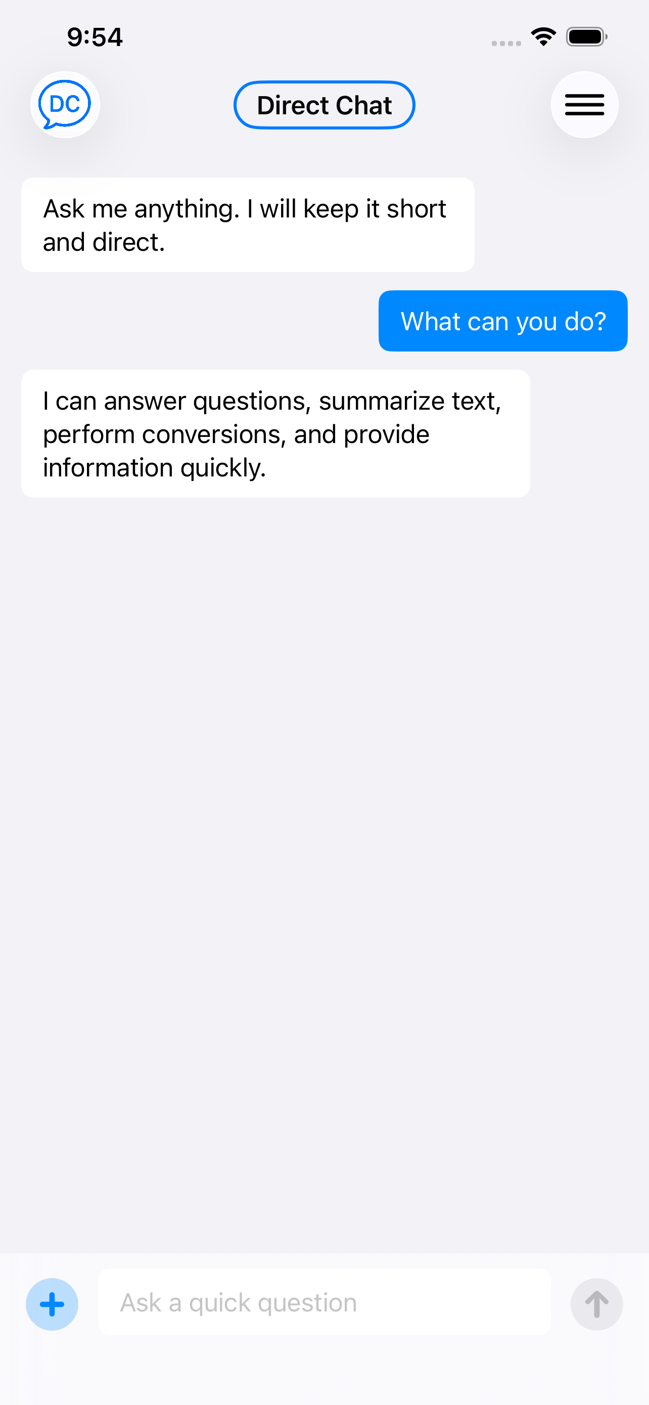 Direct Chat conversation screen showing a brief answer