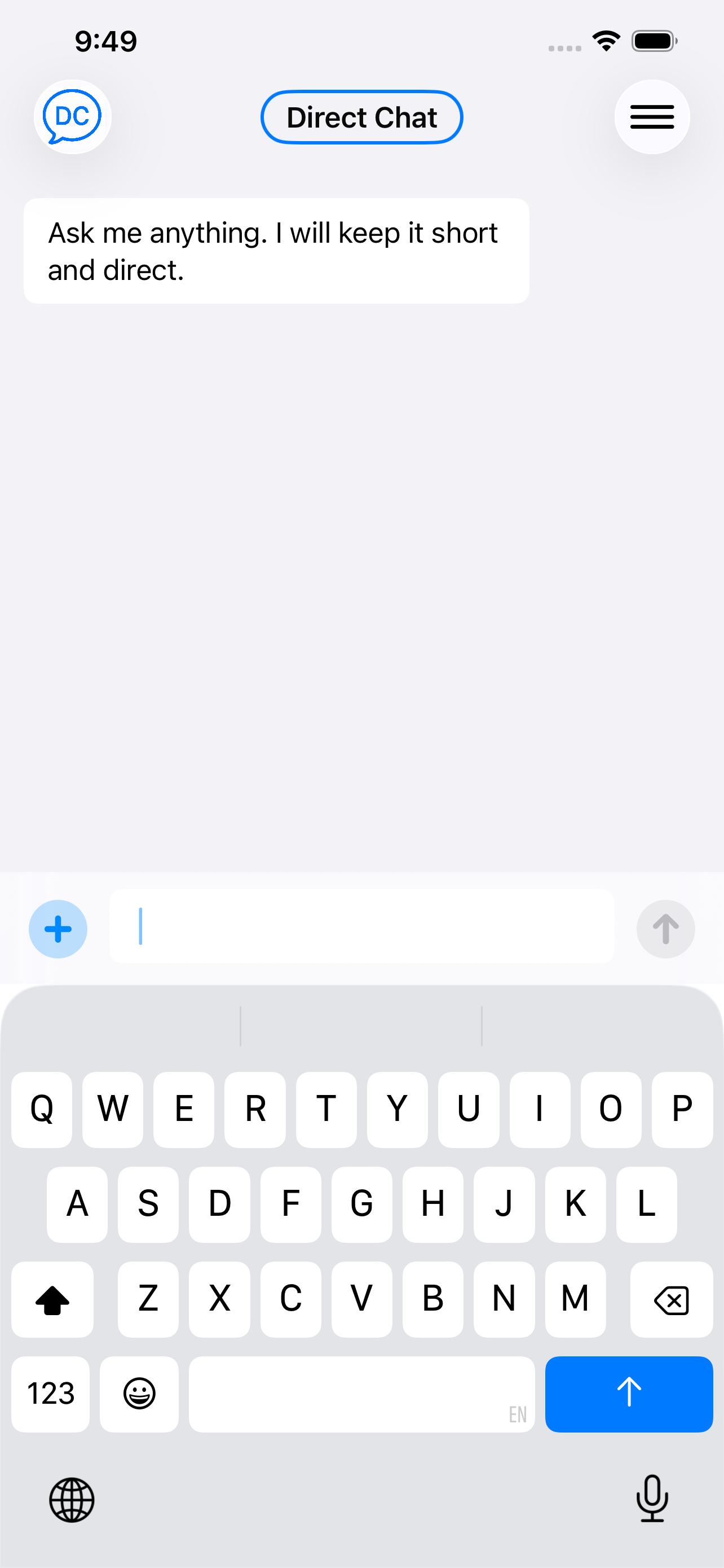 Direct Chat input focused with the keyboard open