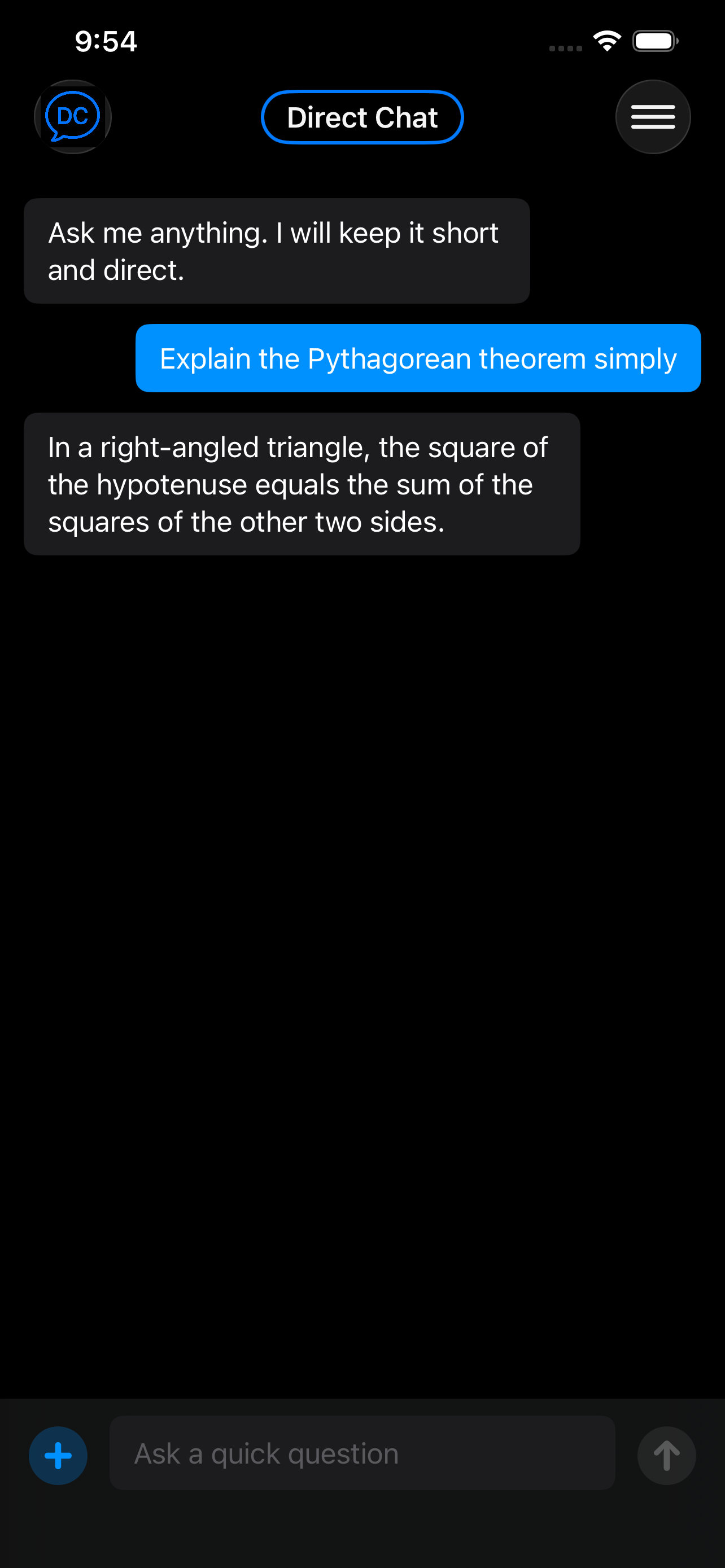 Direct Chat explaining a question in dark mode