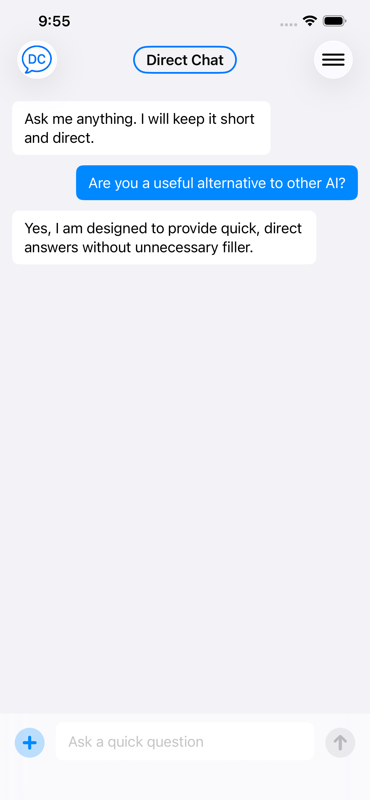 Direct Chat answering a simple AI question